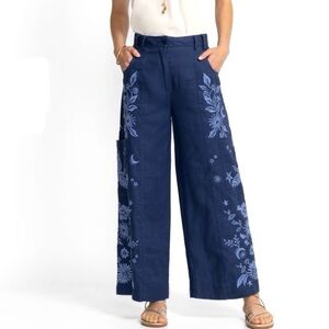 NEW Johnny Was Oleander Wide Leg Cropped Pants Tonal Embroidery Linen Blue S